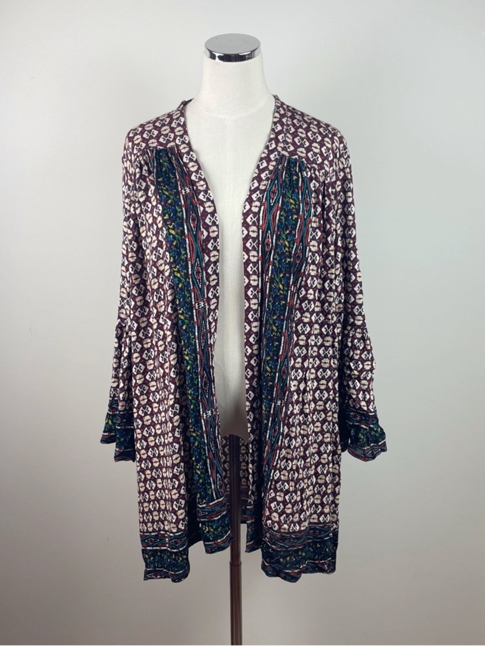 Lola P. Burgundy Red Black Geometric Boho Indie Bell Sleeve Top Women Small